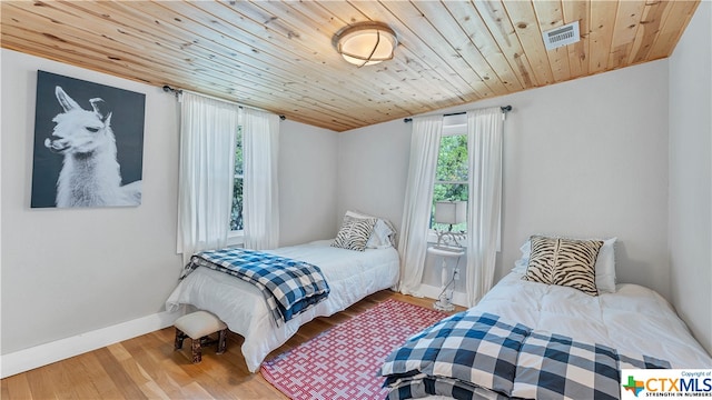 bedroom featuring lofted ceiling, wood ceiling, and hardwood / wood-style flooring