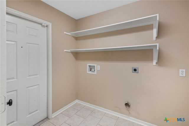 washroom with laundry area, light tile patterned floors, baseboards, hookup for a washing machine, and hookup for an electric dryer