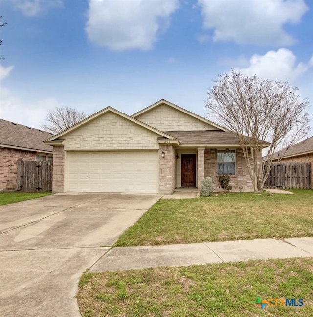 single story home with driveway, a garage, fence, a front lawn, and brick siding