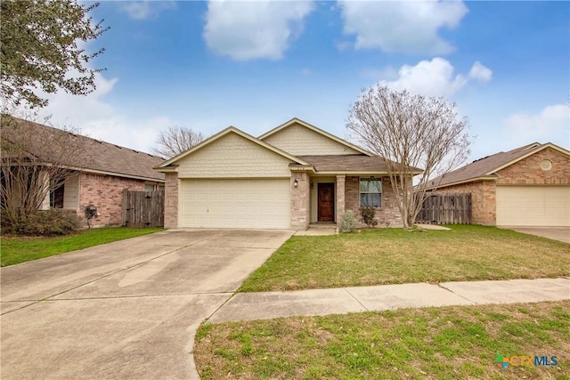 single story home with a garage, brick siding, fence, concrete driveway, and a front lawn