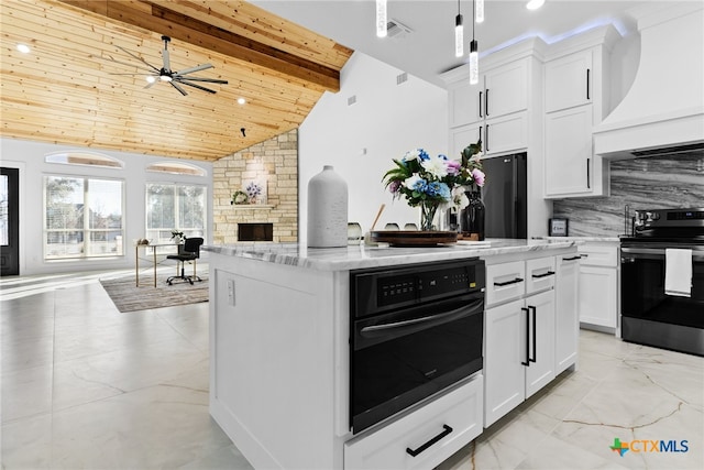 kitchen featuring custom exhaust hood, backsplash, white cabinetry, wood ceiling, and black appliances