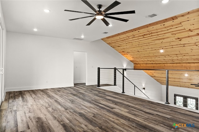 additional living space featuring ceiling fan, wooden ceiling, hardwood / wood-style flooring, and lofted ceiling