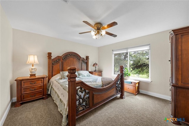 bedroom with carpet, a ceiling fan, and baseboards