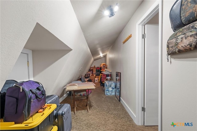 additional living space with vaulted ceiling and carpet floors