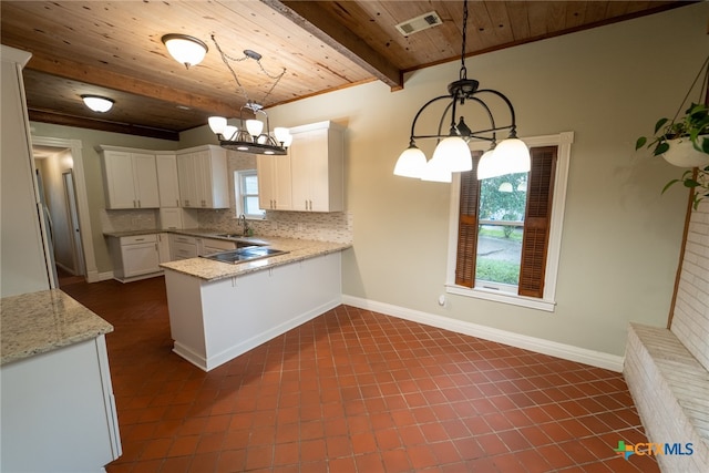 kitchen with white cabinetry, plenty of natural light, decorative light fixtures, and wood ceiling