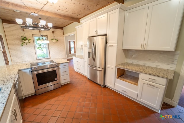 kitchen featuring stainless steel appliances, backsplash, pendant lighting, white cabinets, and beamed ceiling