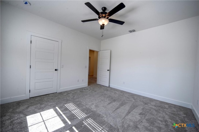 unfurnished bedroom with carpet and ceiling fan