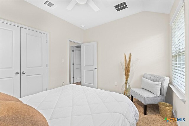 bedroom featuring vaulted ceiling, ceiling fan, and a closet