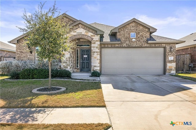 view of front of property featuring a front yard and a garage