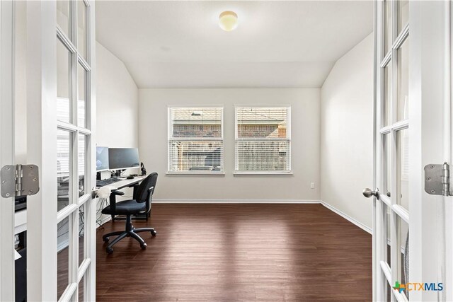 office space with lofted ceiling, french doors, and a wealth of natural light