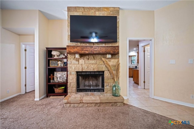 103 River Mdw, Castroville, TX 78009 - unfurnished living room with a large fireplace, carpet flooring, baseboards, and tile patterned flooring