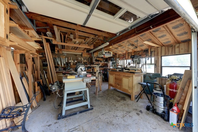 interior space with a workshop area and lofted ceiling