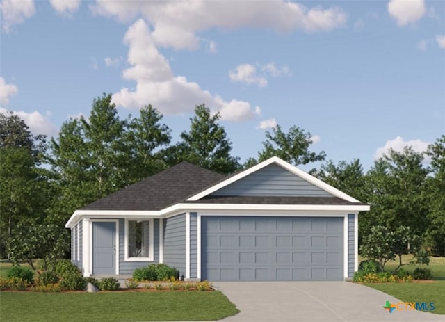 view of front of home featuring roof with shingles, a front yard, an attached garage, and concrete driveway