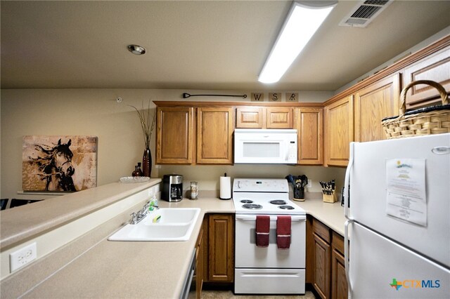 kitchen featuring kitchen peninsula, sink, and white appliances