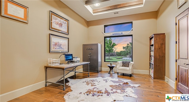 office area featuring light hardwood / wood-style floors and a raised ceiling