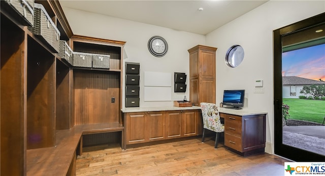 office featuring built in desk and light hardwood / wood-style floors