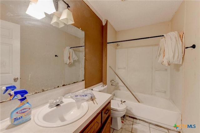 full bath with toilet, vanity, tub / shower combination, and tile patterned floors