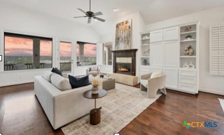 living room with lofted ceiling, dark hardwood / wood-style floors, and ceiling fan