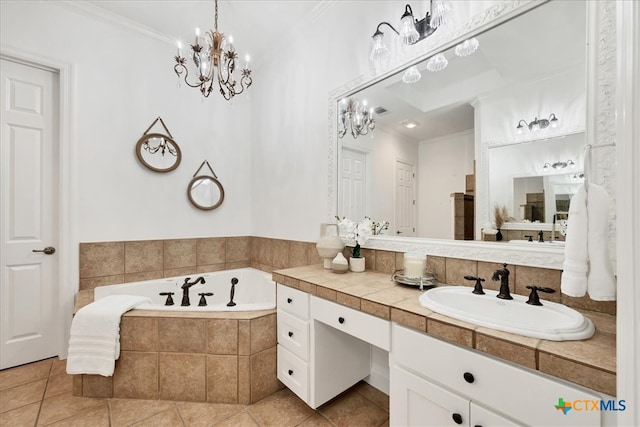 bathroom featuring tile patterned floors, crown molding, a chandelier, vanity, and a relaxing tiled tub