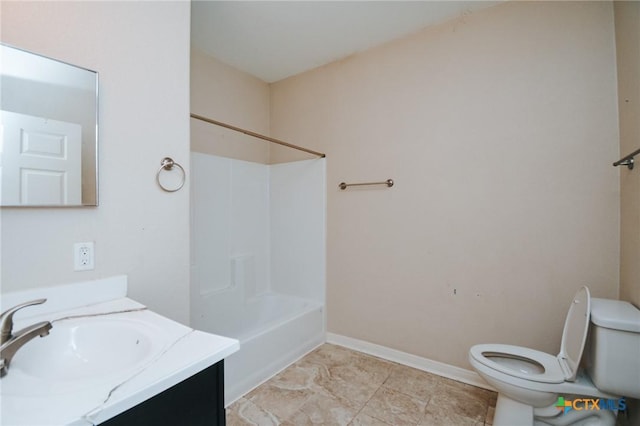 bathroom with toilet, shower / bath combination, baseboards, and vanity