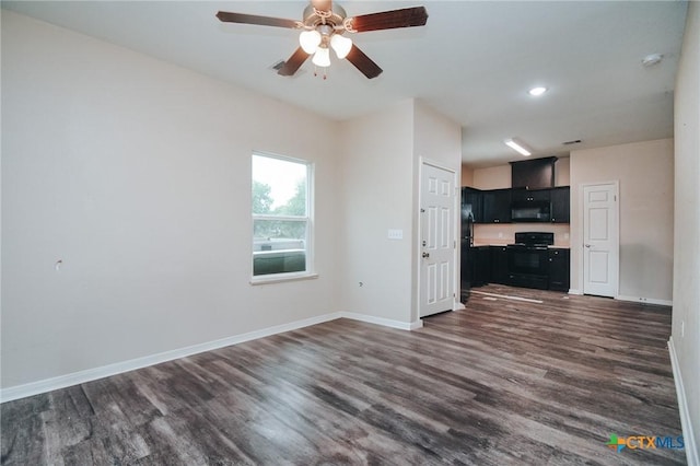 unfurnished living room with a ceiling fan, baseboards, recessed lighting, and dark wood-style floors