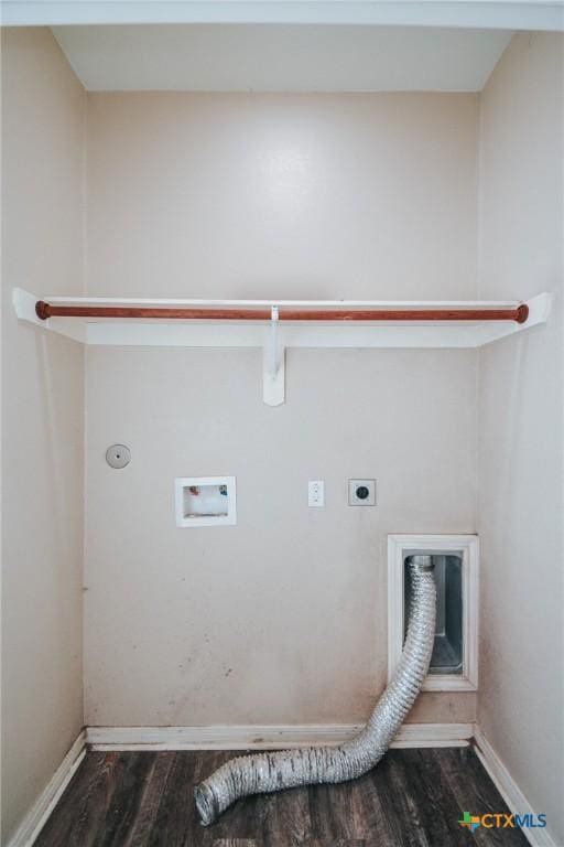 laundry area featuring laundry area, wood finished floors, hookup for a gas dryer, hookup for a washing machine, and hookup for an electric dryer
