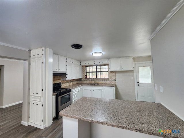 kitchen with a sink, white cabinets, backsplash, and electric stove