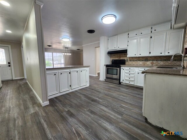 kitchen with crown molding, tasteful backsplash, white cabinets, a sink, and stainless steel electric range