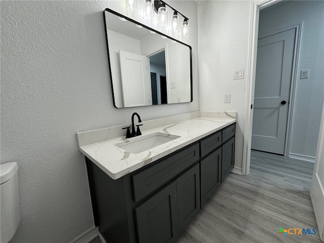 bathroom with toilet, vanity, and wood-type flooring