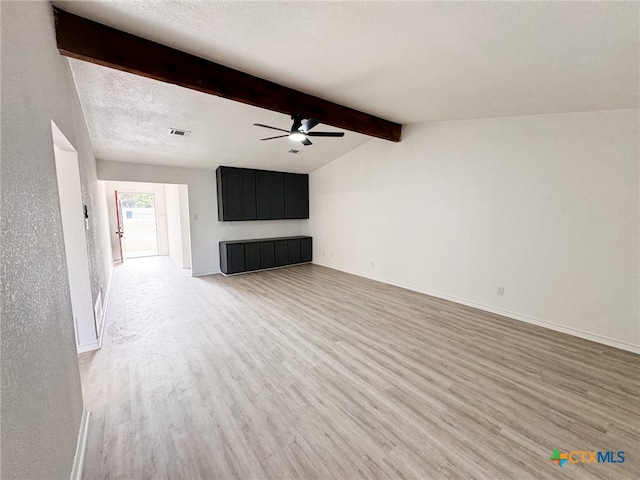 unfurnished living room featuring ceiling fan, a textured ceiling, light hardwood / wood-style flooring, and lofted ceiling with beams