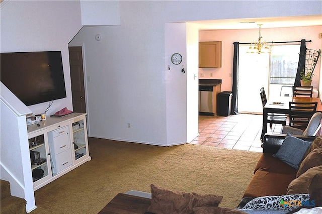 living area featuring light tile patterned floors, light carpet, baseboards, and an inviting chandelier