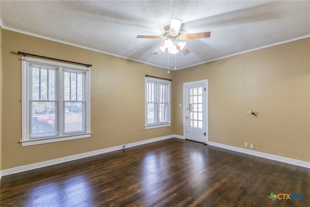 unfurnished room with a textured ceiling, dark hardwood / wood-style floors, ceiling fan, and crown molding