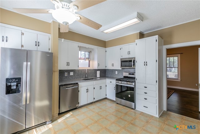 kitchen with stainless steel appliances, a healthy amount of sunlight, sink, and white cabinets