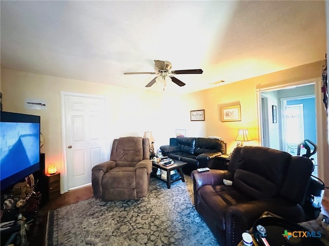 living room featuring ceiling fan and wood-type flooring