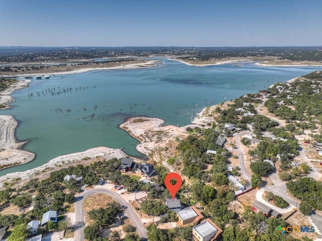 drone / aerial view with a water view