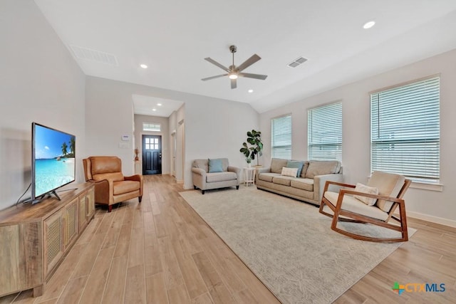 123 Paul Pena Dr, San Marcos, TX 78666 - living room featuring light wood-type flooring, a ceiling fan, baseboards, and recessed lighting