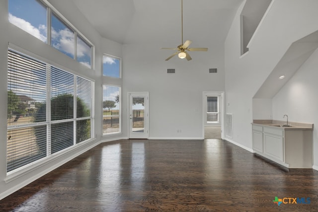 unfurnished living room featuring sink, dark wood-type flooring, and ceiling fan