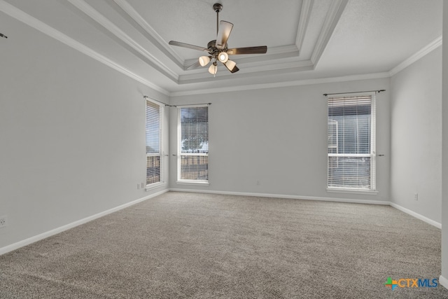 empty room with carpet floors, ornamental molding, a raised ceiling, and a healthy amount of sunlight