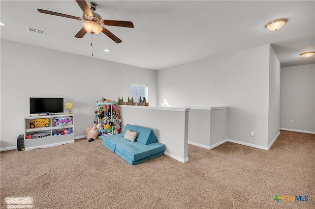 rec room with a ceiling fan, visible vents, carpet floors, baseboards, and recessed lighting