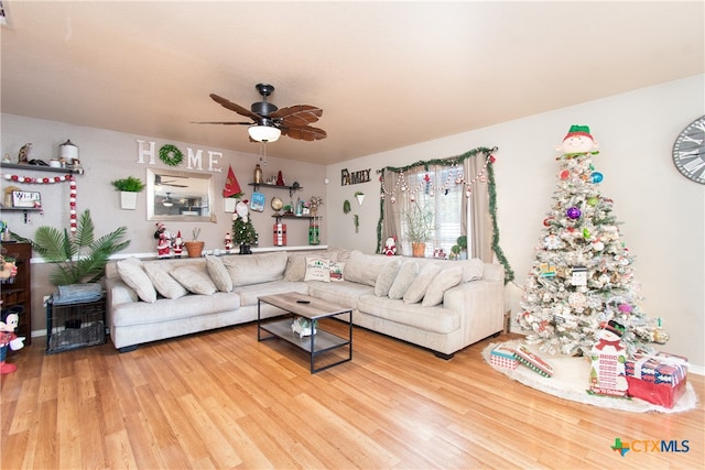 living room with ceiling fan and wood-type flooring