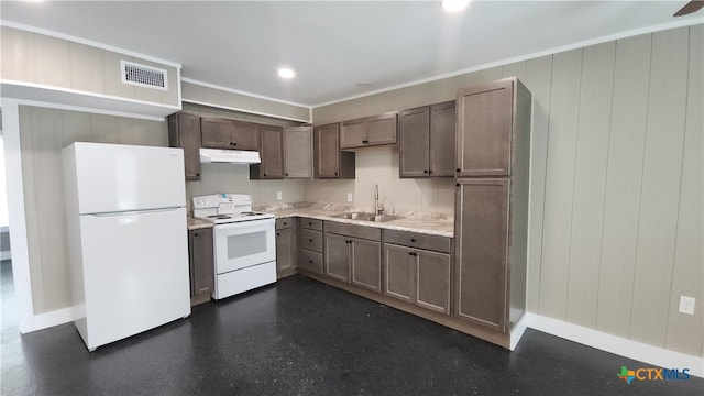 kitchen with white appliances, sink, and ornamental molding