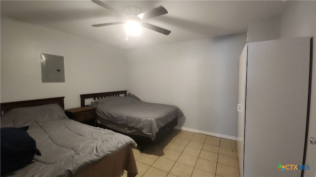 tiled bedroom featuring electric panel and ceiling fan