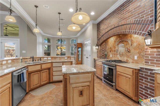kitchen with stainless steel gas range oven, dishwashing machine, ornamental molding, a sink, and tasteful backsplash