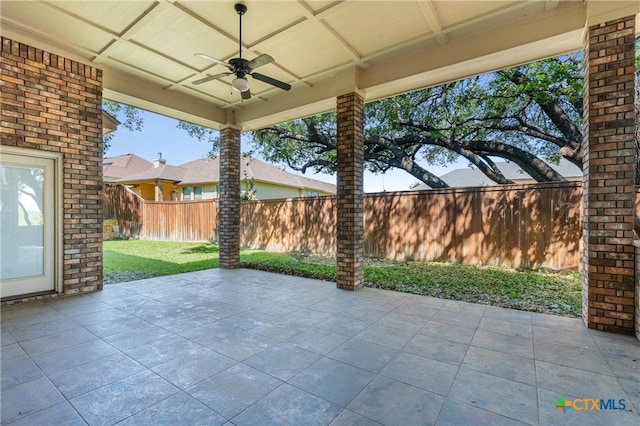 view of patio / terrace featuring a ceiling fan and a fenced backyard
