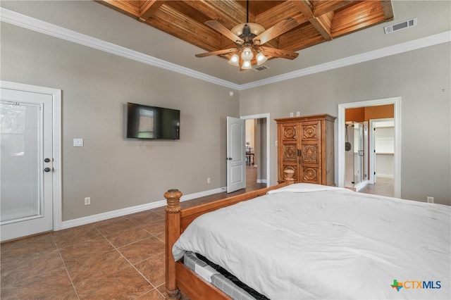 bedroom with baseboards, visible vents, wooden ceiling, ornamental molding, and dark tile patterned flooring