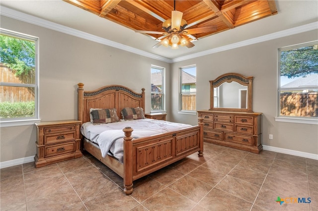 bedroom with crown molding, wooden ceiling, multiple windows, and light tile patterned floors