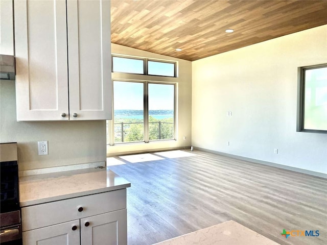 interior space with vaulted ceiling, wooden ceiling, and light hardwood / wood-style floors