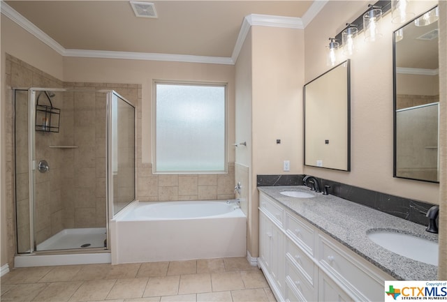 bathroom with vanity, tile patterned flooring, plus walk in shower, and ornamental molding