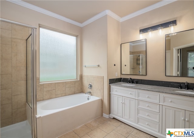 bathroom featuring vanity, tile patterned floors, separate shower and tub, and ornamental molding