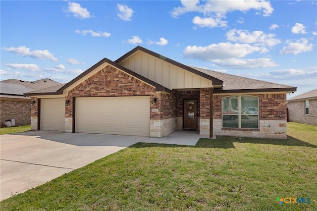 ranch-style home featuring a front lawn, driveway, brick siding, a garage, and board and batten siding